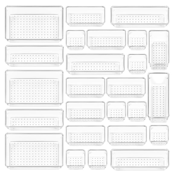 25 PCS Versatile Drawer Dividers, Clear Plastic Organizer Bins for Makeup Vanity Kitchen Utensils Office, 4-Size Customizable Storage Trays, Clear