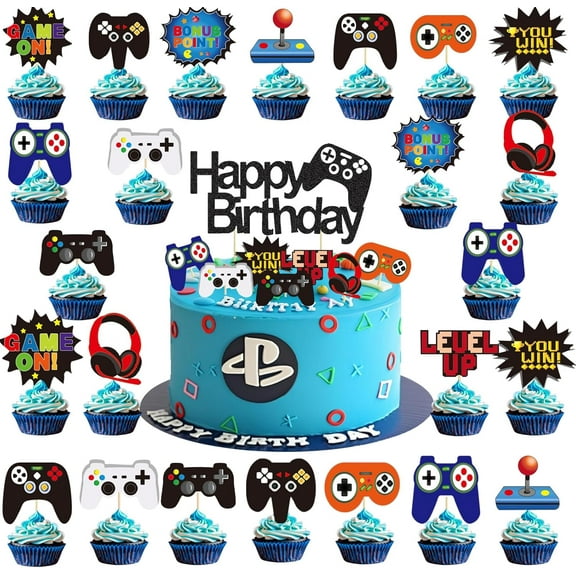 25 PCS Video Game Cake Toppers Cupcake Toppers Glitter Video Game Theme Decorations, Party Decor for Games Fans, Kids and Men Birthday Sign Birthday Decor Party Supplies