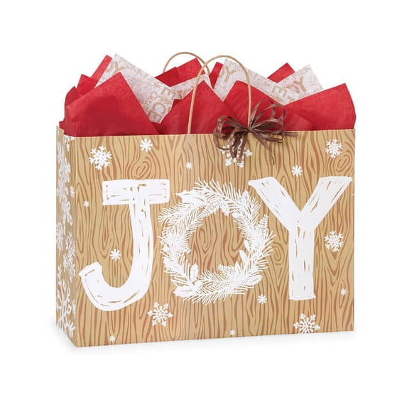 25 PK, Rustic Christmas Joy Paper Shopping Bags, Vogue 16 x 6 x 12" For Christmas, Holiday & Events, Made In USA