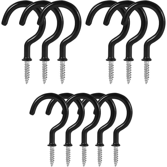 25 Pack 1-1/2 Inch Screw-in Hooks. Vinyl-Coated Metal Ceiling Hooks. Hooks for Hanging Plants and Flower Baskets, Cup Hooks, Kitchen Hooks, Garage Hooks. Black