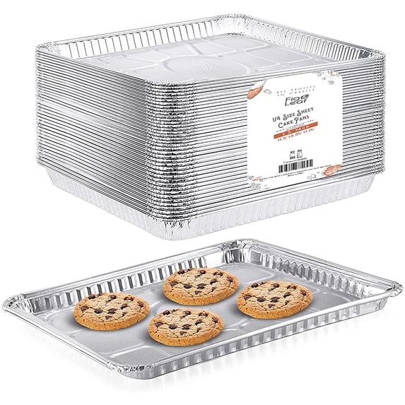 (25 Pack) 1/4 Size Cookie Sheet Baking Cake Pans l 12.8” x 8.9” Disposable Aluminum Foil Trays l Premium Heavy Duty Nonstick Baking Sheets Reusable