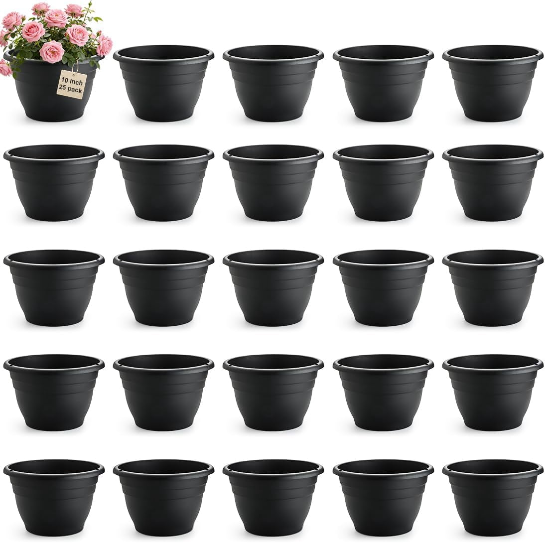 25 Pack 10 Inch Plant Pots with Drainage Holes,Black Plastic Flower Pots for Indoor & Outdoor Plants,Durable Lightweight Planters for Flowers,Herbs & Gardening