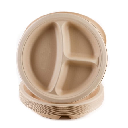 [25 Pack] 10 inch 3-Compartment Round Disposable Plates - Biodegradable, Compostable, Sugarcane, Wheat Straw Fiber, Bagasse - Environmental Paper Plate, Tree Free, Sturdy by EcoQuality