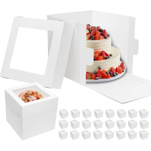 25 Pack 12 Inch Tall Cake Boxes with Clear Window, 12x12x12 Inches, White Cardboard Bakery Carrier Containers with Lids