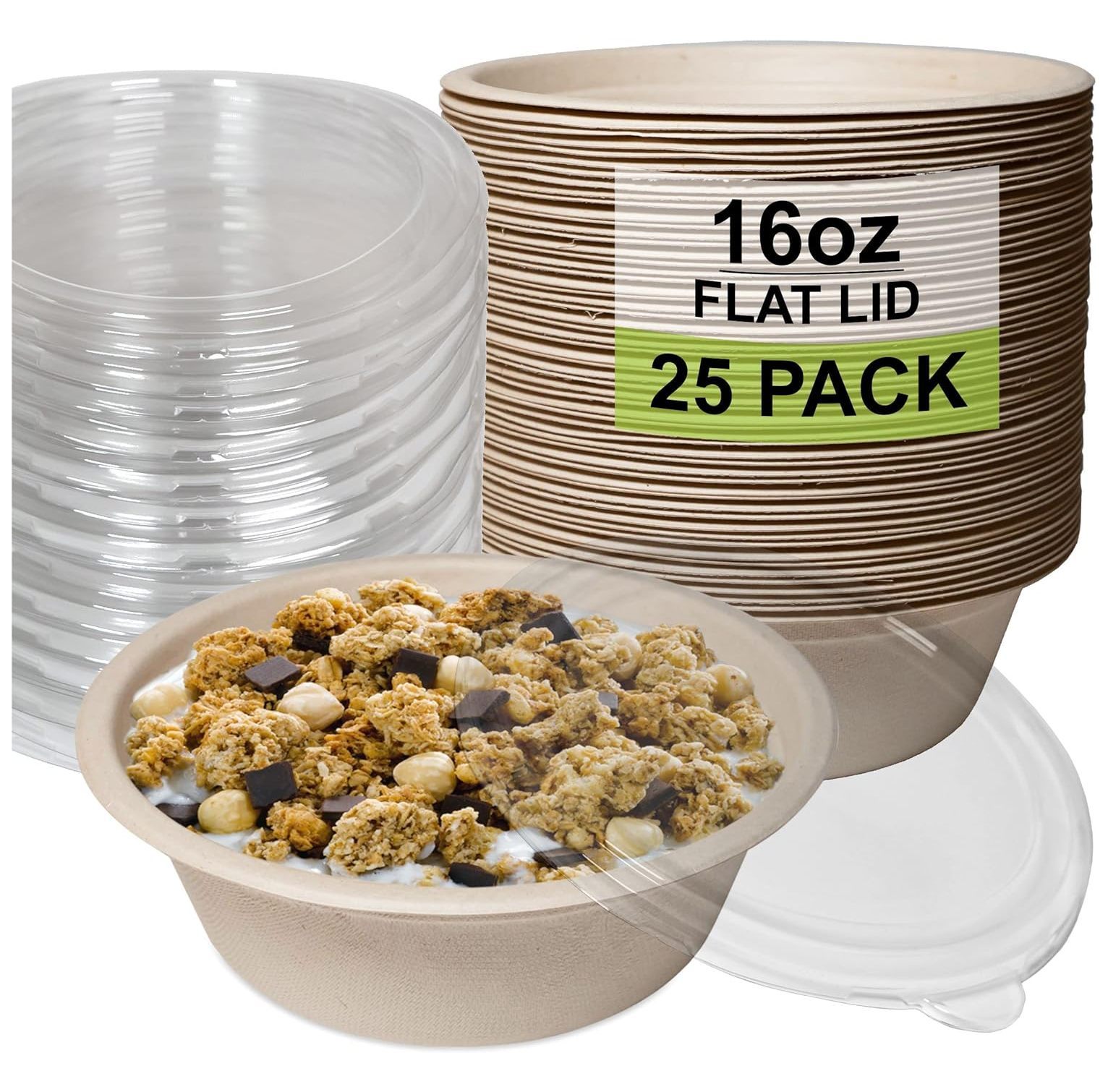 [25 Pack] 16 oz Compostable Paper Bowls with Lids HeavyDuty Disposable