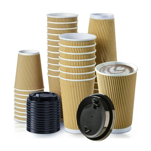 [25 Pack] 16oz Disposable RippIe Paper Hot Coffee Cups with Black Dome Lids - Double Walled Insulated Disposable Hot Tea Cups - Bio Degradable, Eco Friendly, Beverage, To Go, Large Coffee Cups