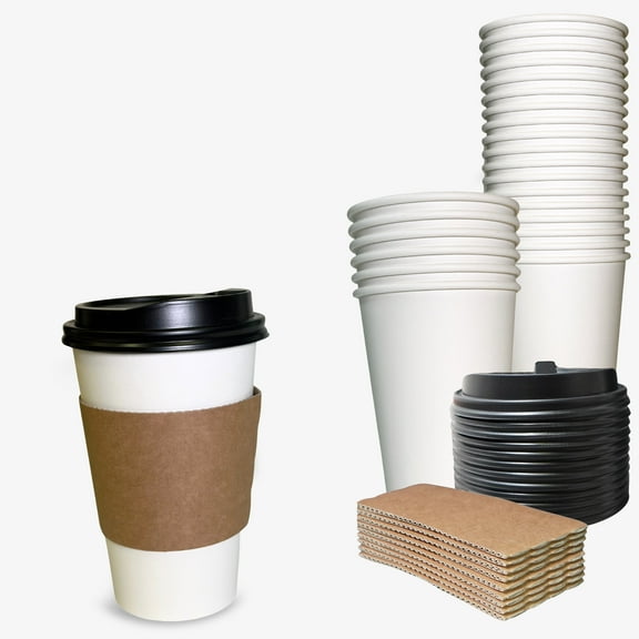 [25 Pack] 16oz Disposable White Paper Coffee Cups with Black Dome Lids and Protective Corrugated Cup Sleeves - Perfect Disposable Travel Mug for Home, Office, Coffee Shop, Travel, Tea