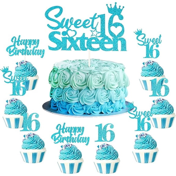 25 Pack 16th Birthday Cake Decorations, Sweet 16 Sixteen Cake Topper, Happy Birthday Sweet 16 Cupcake Toppers Teal Turquoise Blue for Boys Girls Happy 16th Birthday Party Supplies