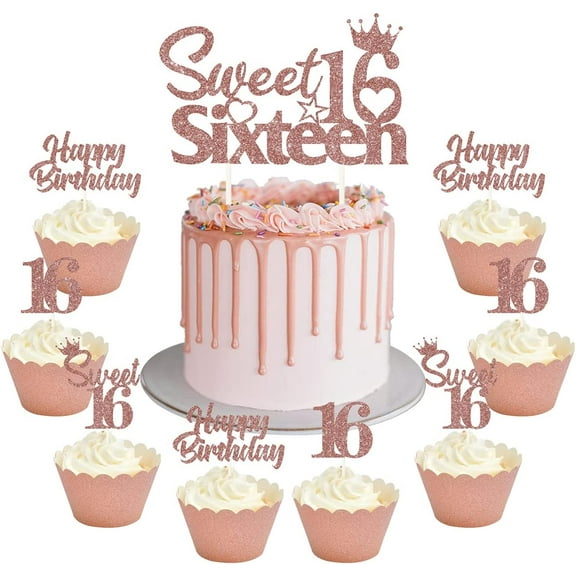 25 Pack 16th Birthday Cake Decorations, Sweet 16 Sixteen Cake Topper, Happy Birthday Sweet 16 Cupcake Toppers Rose Gold for Boys Girls Happy 16th Birthday Party Supplies