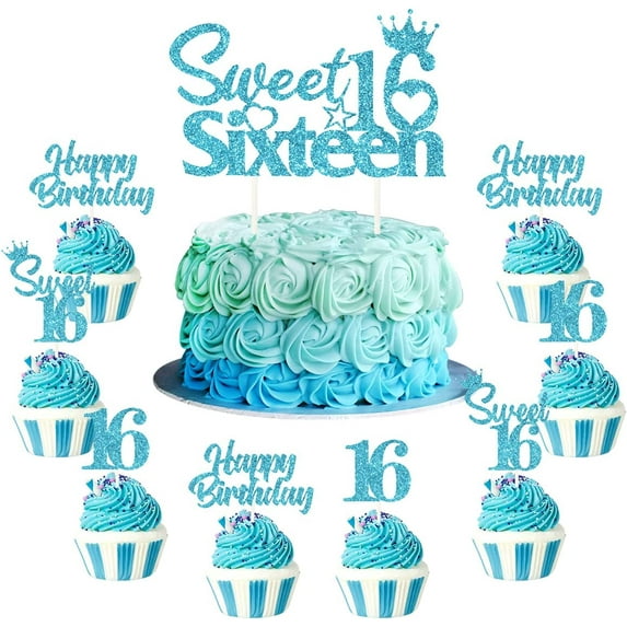 25 Pack 16th Birthday Cake Decorations, Sweet 16 Sixteen Cake Topper, Happy Birthday Sweet 16 Cupcake Toppers Teal Turquoise Blue for Boys Girls Happy 16th Birthday Party Supplies