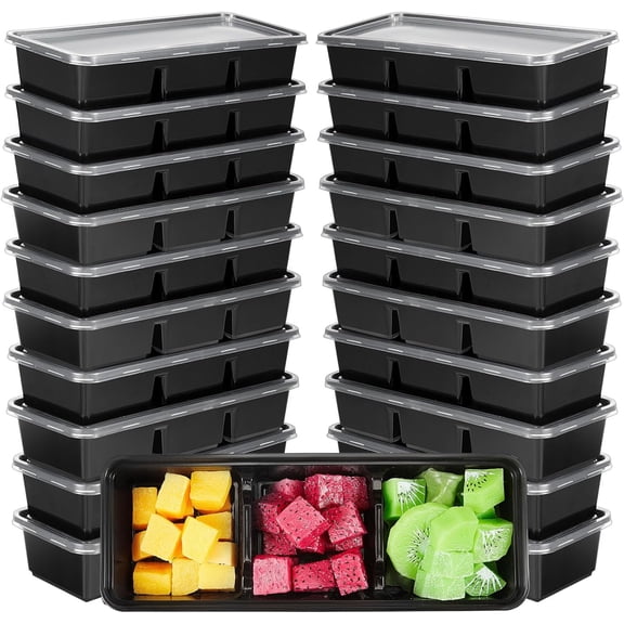 25 Pack 17 oz Small Meal Prep Containers with 3 Compartments Snack Containers with Lid Disposable Plastic Bento Box Travel Lunch Food Boxes Stackable for Office Picnic (Black)