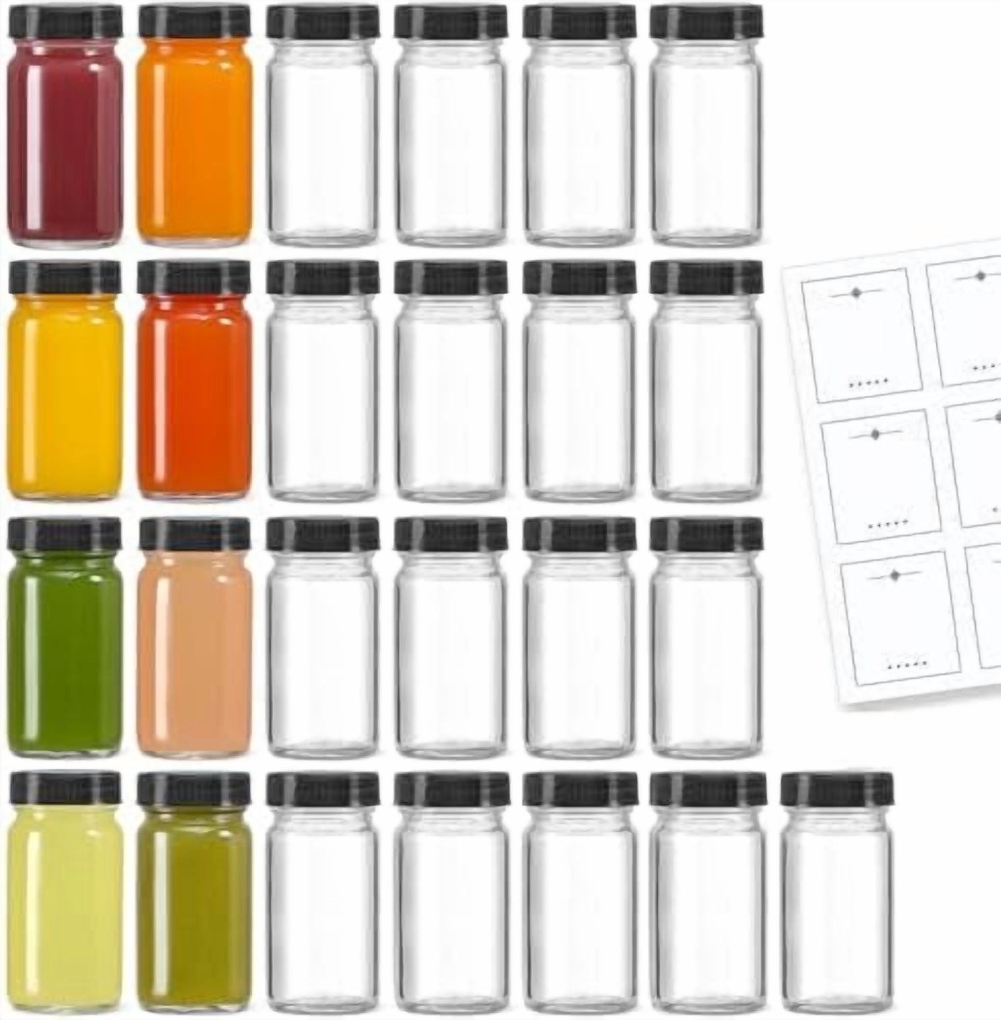 Spent Shot Labels 25 Pack 2 oz Glass Shot Bottles w/ Black Lids & 25 Labels - Small Clear ...