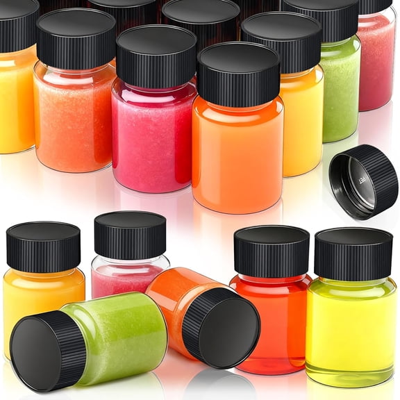 25 Pack 2 oz Plastic Shot Bottles with Cap, Empty Containers for Ginr, Juice, Liquids, Sample, Reusable Small Wide Mouth Travel Valentine's day DIY, Weddings, Parties