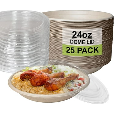 [25 Pack] 24 oz Round Disposable Compostable Paper Bowls with Dome Lids Heavy-Duty, Eco-Friendly Natural Bagasse Unbleached, Heat Resistant, 100% Biodegradable Salad Bowls Alternative to Plastic