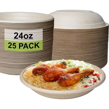 25 Pack 24 oz Round Disposable Compostable Paper Bowls Heavy-Duty, Eco-Friendly Natural Bagasse Unbleached, Heat Resistant, 100% Biodegradable Salad Bowls Alternative to Plastic