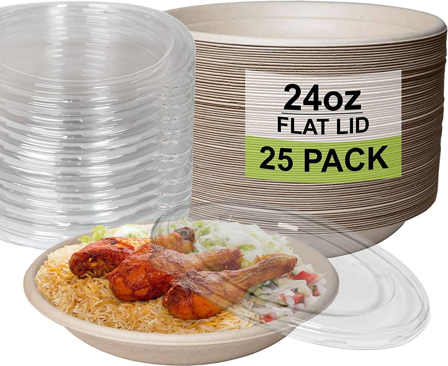 [25 Pack] 24 oz Round Disposable Compostable Paper Bowls with Lids HeavyDuty, EcoFriendly