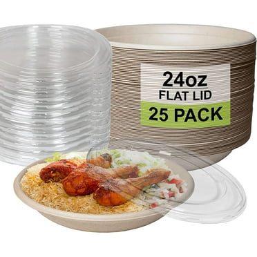 [25 Pack] 24 oz Round Disposable Compostable Paper Bowls with Lids Heavy-Duty, Eco-Friendly Natural Bagasse Unbleached, Heat Resistant, 100% Biodegradable Salad Bowls Alternative to Plastic