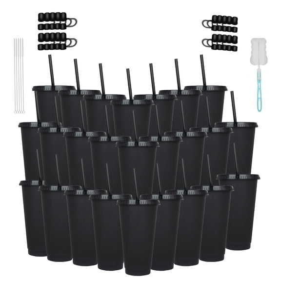 25 Pack 24oz Reusable Plastic Tumblers with Lids, Straws & Brushes, No Assembly Needed, Bulk Party Cups for Iced Drinks, Weddings, BBQs & Events