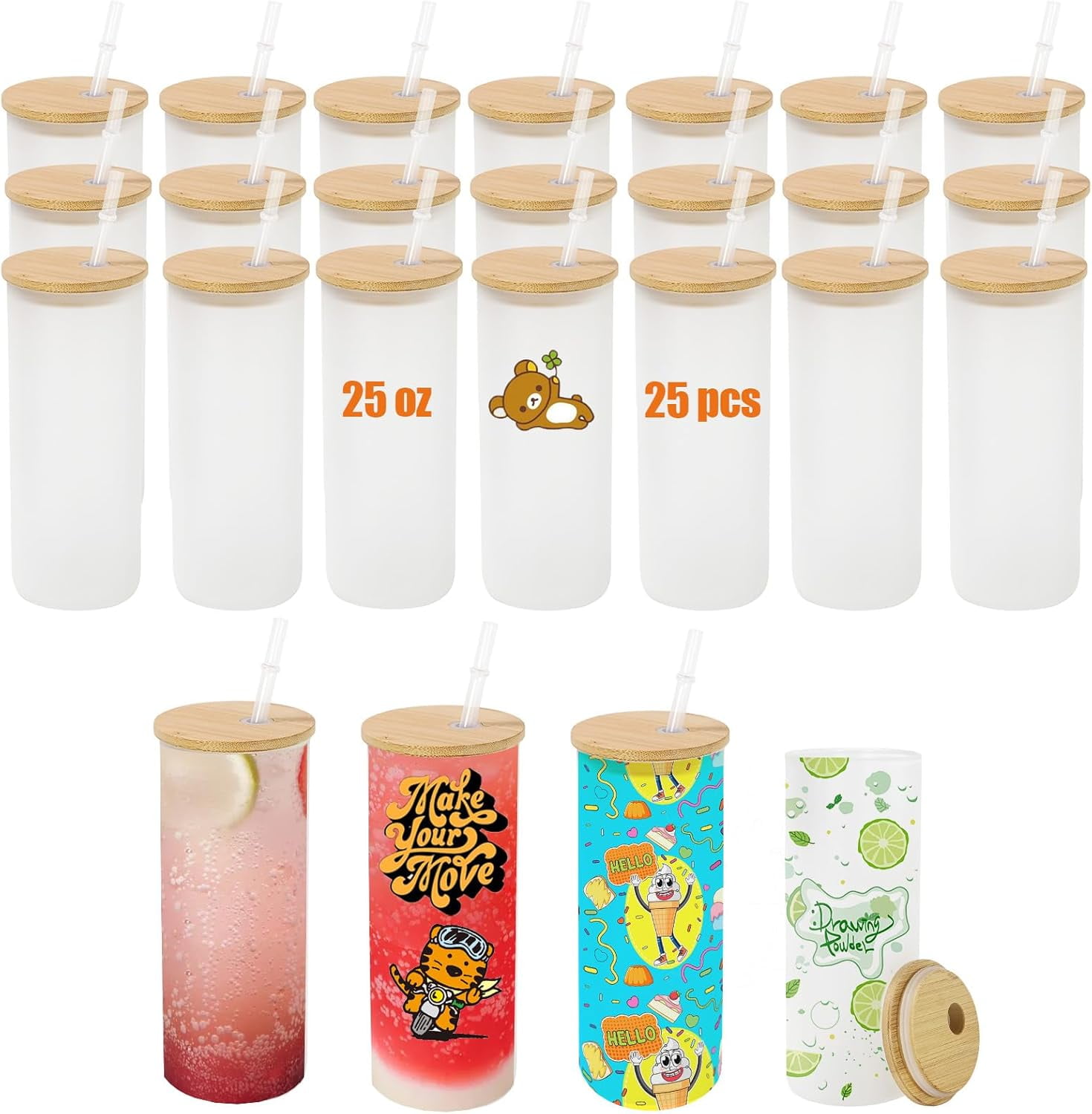 25 Pack 25oz Sublimation Frosted Glass Cups with Bamboo Lid and Plastic Straw, Sublimation Glass Tumbler Blanks, Glass Drinking Jar Cans for Juice Beer Iced Coffee Drinks