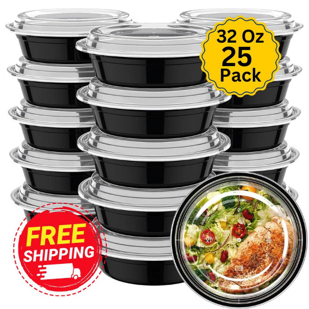 [25 Pack] 32 oz Meal Prep Round Black Containers with Clear Lids