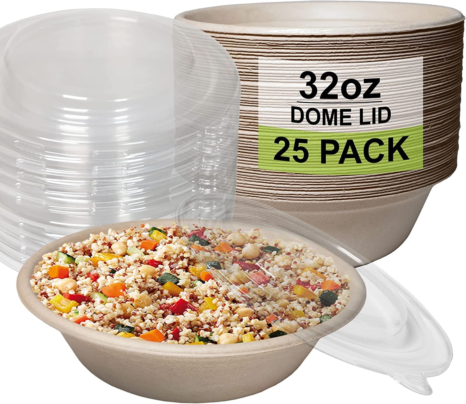 [25 Pack] 32 oz Round Disposable Compostable Paper Bowls with Dome Lids Heavy-Duty, Eco-Friendly Natural Bagasse Unbleached, Heat Resistant, 100% Salad Bowls Alternative to Plastic