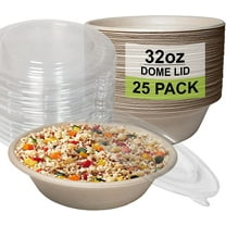 [25 Pack] 32 oz Round Disposable Compostable Paper Bowls with Dome Lids Heavy-Duty, Eco-Friendly Natural Bagasse Unbleached, Heat Resistant, 100% Salad Bowls Alternative to Plastic