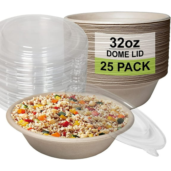 [25 Pack] 32 oz Round Disposable Compostable Paper Bowls with Dome Lids Heavy-Duty, Eco-Friendly Natural Bagasse Unbleached, Heat Resistant, 100% Salad Bowls Alternative to Plastic