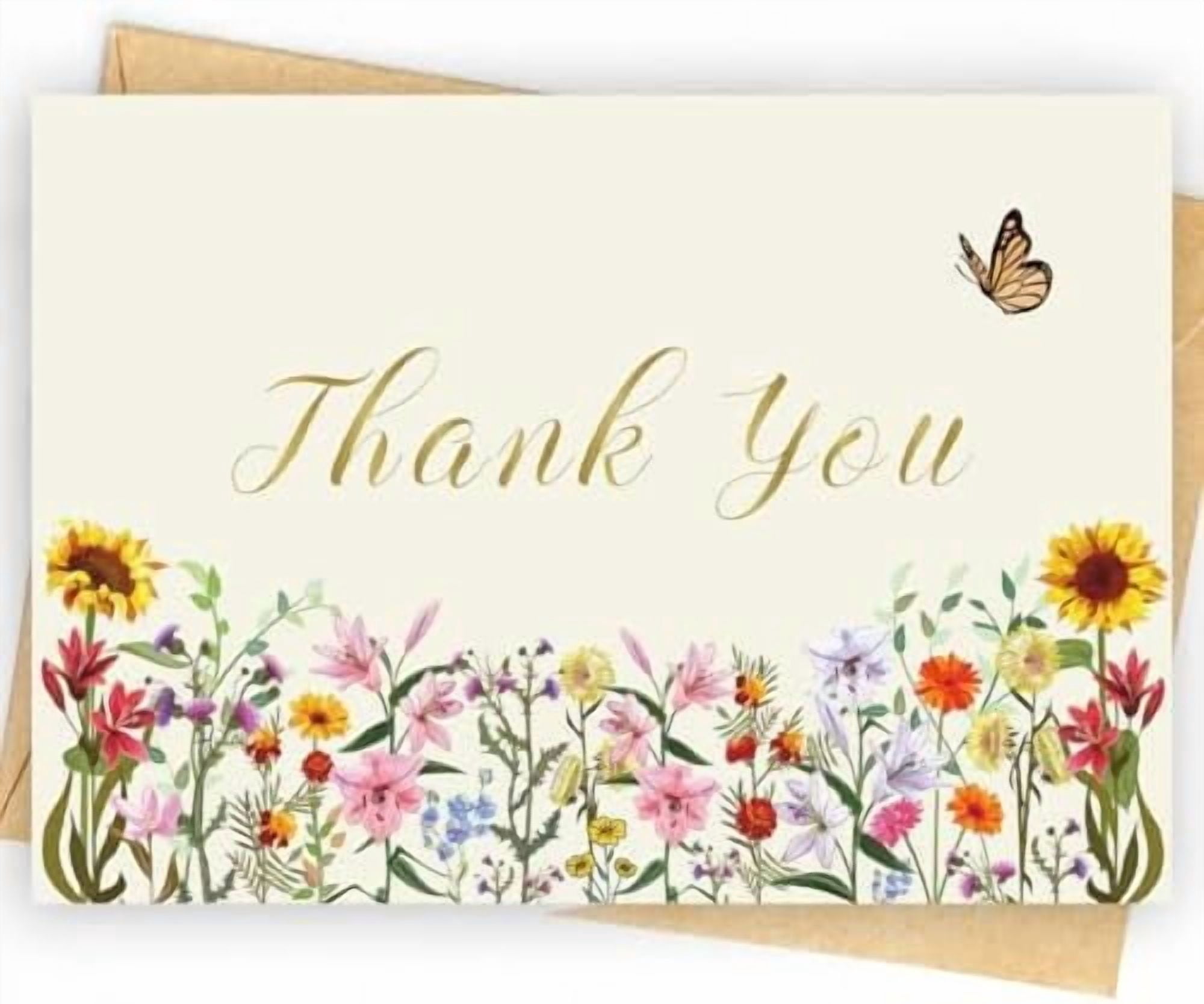 YNGLLC 25 Pack 350GSM | Floral Thank You Cards | Thank You Cards with Envelopes | Small Thank You Notes & Cards for Wildflower, Watercolor & Wedding