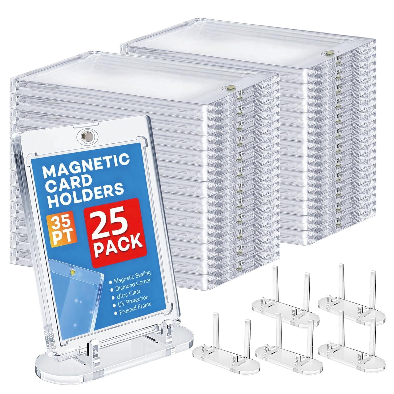 25 Pack 35pt Magnetic Card Holders with 5 Stands, Fits Standard 2.5 x 3.5 inch Cards