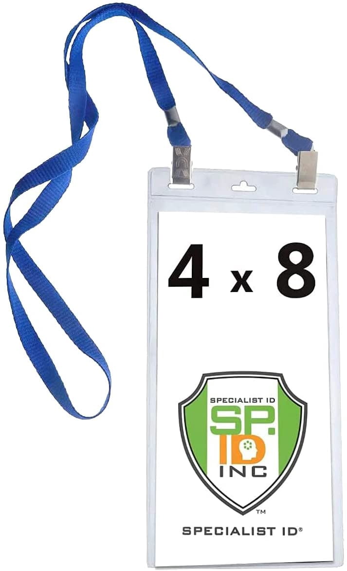 25 Pack - 4 x 8 Inch Extra Large Ticket & Event Credential Badge Holders with Double Sided Lanyards with Two Bulldog Clips, by Specialist ID (Royal Blue)