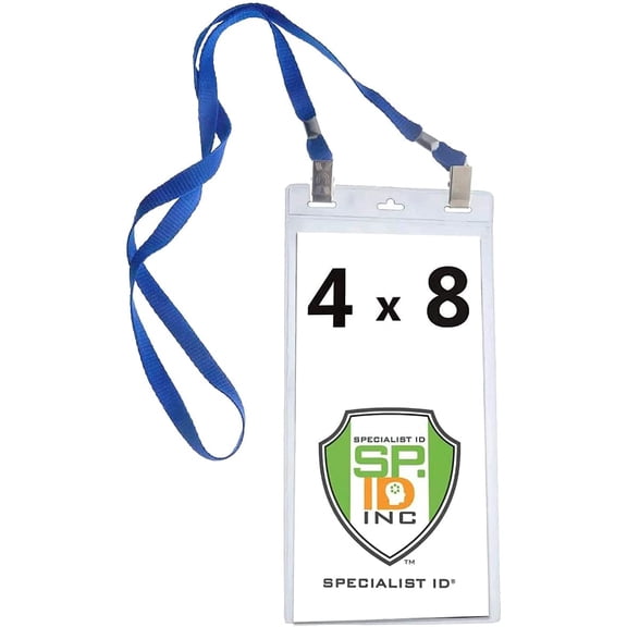 25 Pack - 4 x 8 Inch Extra Large Ticket & Event Credential Badge Holders with Double Sided Lanyards with Two Bulldog Clips, by Specialist ID (Royal Blue)