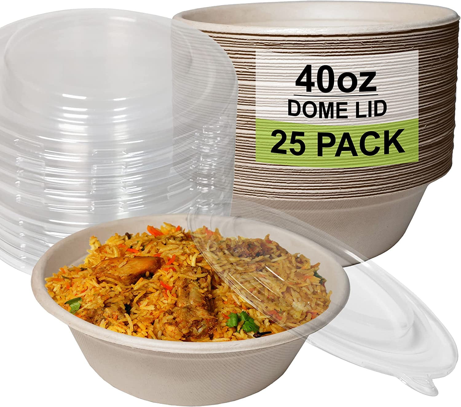 [25 Pack] 40 oz Round Disposable Compostable Paper Bowls with Dome Lids Heavy-Duty, Eco-Friendly Natural Bagasse Unbleached, Heat Resistant, 100% Biodegradable Salad Bowls Alternative to Plastic