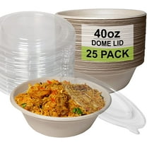 [25 Pack] 40 oz Round Disposable Compostable Paper Bowls with Dome Lids Heavy-Duty, Eco-Friendly Natural Bagasse Unbleached, Heat Resistant, 100% Biodegradable Salad Bowls Alternative to Plastic