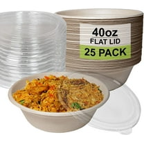 [25 Pack] 40 oz Round Disposable Compostable Paper Bowls with Lids Heavy-Duty, Eco-Friendly Natural Bagasse Unbleached, Heat Resistant, 100% Biodegradable Salad Bowls Alternative to Plastic