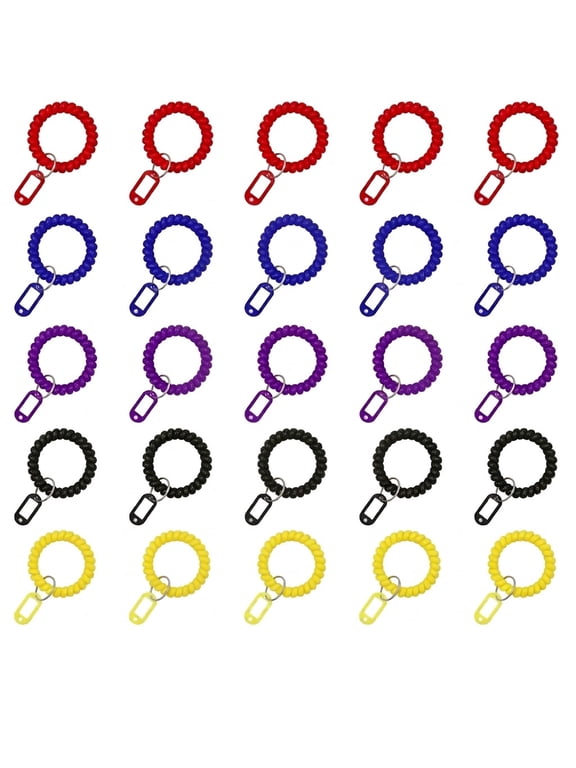25 Pack of 5 Colorful Spring Spiral Wrist Coil Key Chain, Wristband Key Ring,Key Ring Bracelet Coil Wristbands Key Tags With Labels 50 Counts Stretchable Wristband Tough Key Ring Bracelet