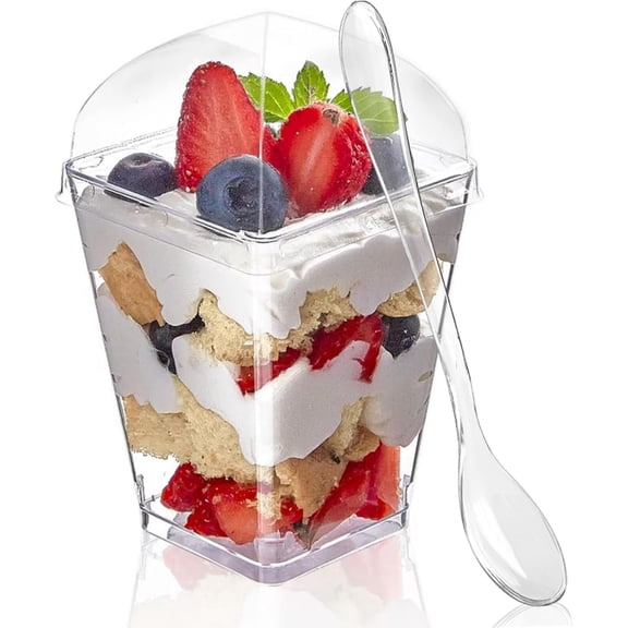 25 Pack 5 oz Dessert Cups with Dome Lids and Spoons, Plastic Pudding Cups with Lids Mini Parfait Shooter Cups for Party Individual Banana Pudding Jello Yogurt Fruit Trifle