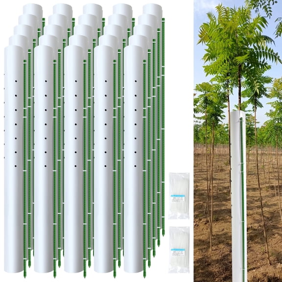 25 Pack 57 Inch Tree Grow Tubes with 25 Steel Stakes and 200 Zip Ties, Vented Seedling Protector Set for Saplings, Plant Shelter for Outdoor Sapling Protection