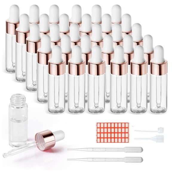 25 Pack 5ml Small Empty Glass Dropper Bottles with Pipette, Reusable Leak-Proof Essential Oil Bottles for Aromatherapy, Perfume, Massage Oils, Fragrances, DIY Liquids, Laboratory Use