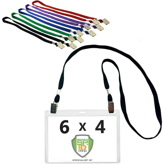 25 Pack - 6x4 Badge Holder Horizontal Name Tag Holder & Lanyard with 2 Clips - Extra Large Clear Vinyl Plastic Horizontal 4x6 Badge Holder Sleeve & Premium Lanyards by Specialist ID (Assorted)
