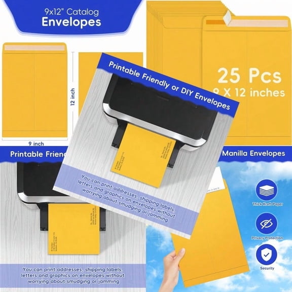 25 Pack 9 x 12 Catalog Mailing Envelopes Self-Seal Brown Kraft Manilla Envelopes Letter Size for Mailing Organize storage Home Office Busin