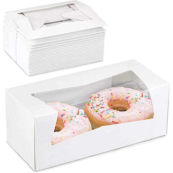 25 Pack 9 x 4 x 3.5 Inches White Bakery Boxes with Window, Auto-Popup Cardboard Gift Packaging and Baking Containers, Cupcake, Cookie and Loaf Bread Boxes