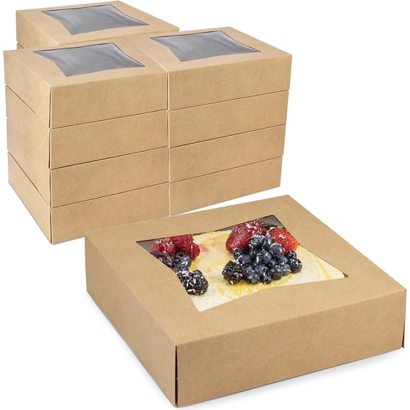 25 Pack 9 x 9 x 2.5 Inches Pie Boxes with Window, Square Kraft Pastry Boxes, Auto Pop-up Brown Boxes for Cookies, Cakes, Muffins, Dessert