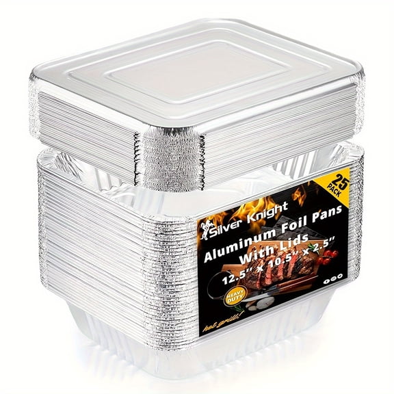 25 Pack 9x13 Inch Aluminum Foil Pans with Lids, Disposable Deep Steam Table Trays for Baking, Roasting, Cooking, Catering, Buffet and Food Storage