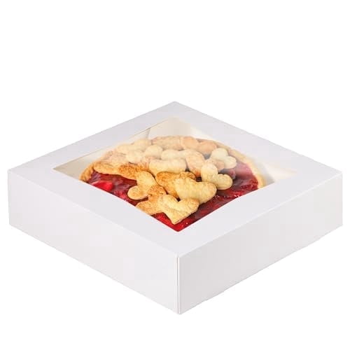 Fit Meal Prep [25 Pack] Pie Boxes with Window 9x9x2.5 White Pastry Boxes Auto Pop-up Bakery Containers for Dessert, Cookies, Cheesecake Treat Box for Packaging