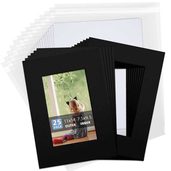 Falling in Art 25 Pack 11x14 Black Pre-Cut Mat Board Kit for 8x10 Photos, Acid Free Bevel Cut Mats with Backing Boards and Clear Bags