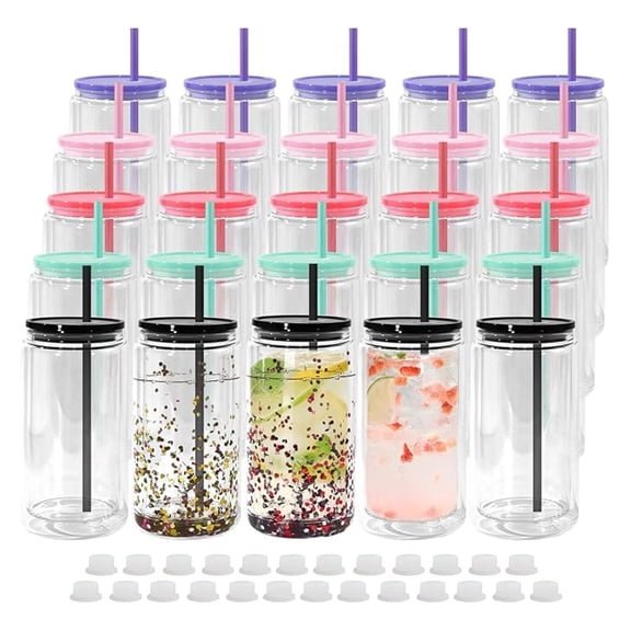 25 Pack Acrylic Snow Globe , 16oz Acrylic Snowglobe Cups with Pre Drilled Hole, Double Wall Plastic Cups Blanks with Colorful Plastic Lid and Straw for DIY Glitter Gifts