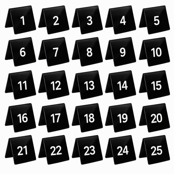25 Pack Acrylic Table Numbers, 1-25 Double Sided Print Tent Style Table Number Cards, Self-Standing Black and White Table Sign