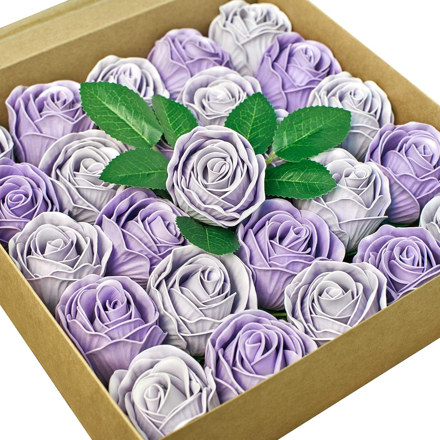 25Pack Artificial Flowers, Purple Roses With Stems, Real Looking Fake