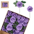 thumbnail image 1 of TiokMc 25 Pcs Artificial Rose Flowers with Stems and Leaves, Purple Fake Roses for Wedding Bouquets, Party Décor, Baby Shower, DIY Arrangements, Home Decoration, 1 of 7