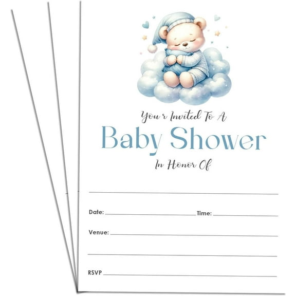 25 Pack Baby Bear In Cloud Baby Shower Invitation Card Single Sided Neutral Blank Fill In Invites 4x6"